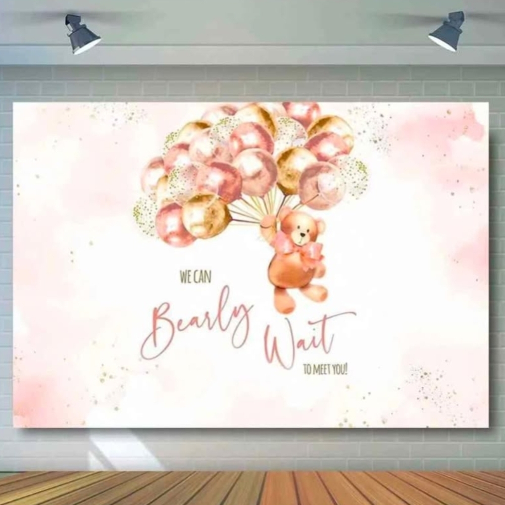 New Pink and Gold Bear Balloon Baby Shower Backdrop